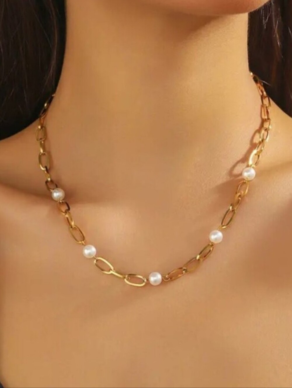 Gold Pearl Station Chain Necklace - Women Jewelry